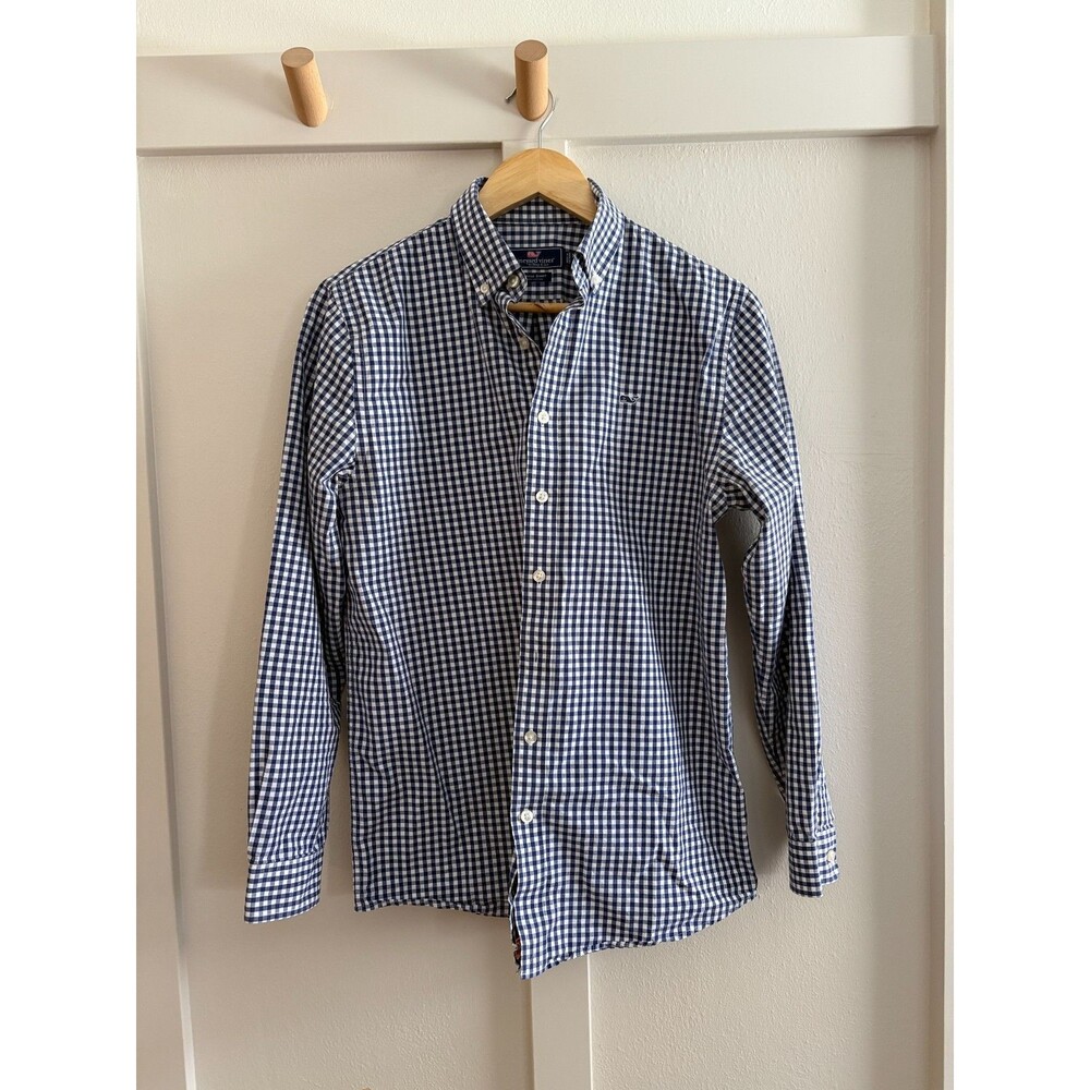 Vineyard Vines Shirt Boys XL 18 100% Cotton Blue Gingham Whale Button Down EUC